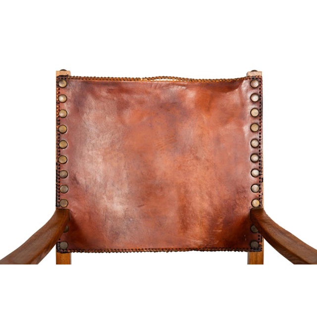 Brown Set of Six French Oak and Stitched Leather Chairs For Sale - Image 8 of 12