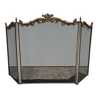 Vintage French Country Metal & Mesh Gold Fireplace Screen For Sale