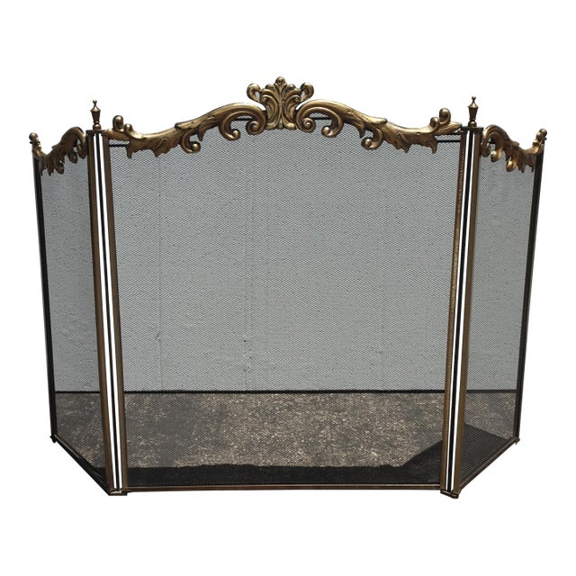 Vintage French Country Metal & Mesh Gold Fireplace Screen For Sale
