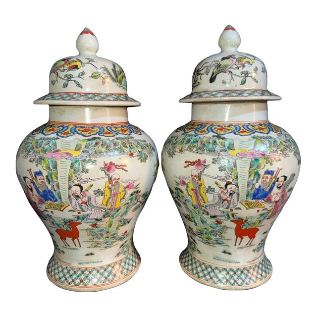 Pair of Chinese Famille Rose Porcelain Figural General Jars With Lids For Sale