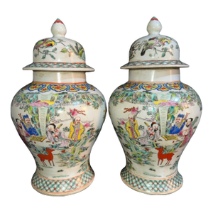 Pair of Chinese Famille Rose Porcelain Figural General Jars With Lids