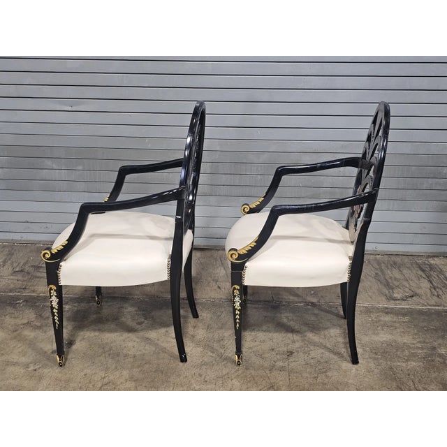 Late 20th Century Pair of Karges Hepplewhite Plum Arm Chairs Ebonized, Carved Hand Painted Leather Fabric For Sale - Image 12 of 12