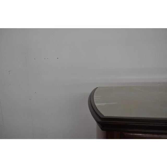 Mahogany Pear Tree, Brass & Glass Top Drawers Sideboard with Allegorical Drawings & Internal Lightning from F.lli Rigamonti Desio, Milano, 1940s For Sale - Image 10 of 14