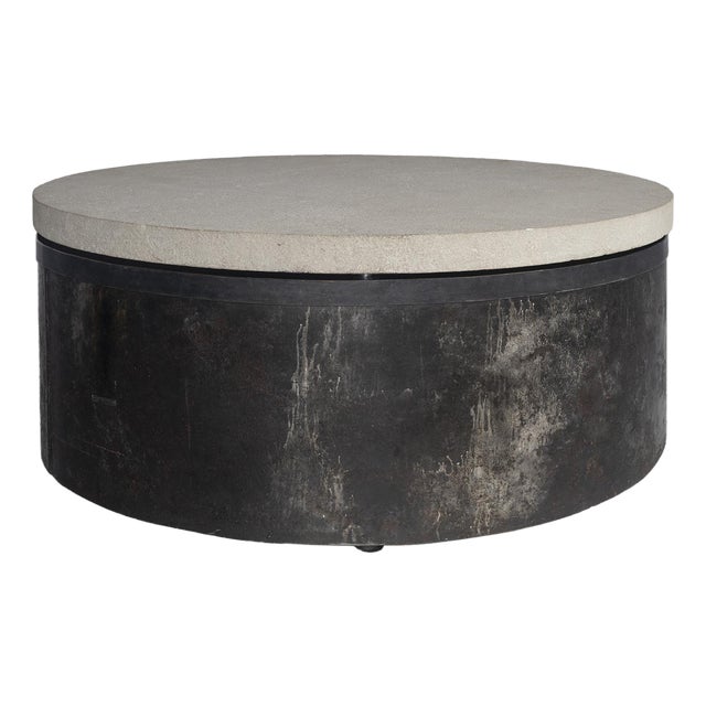 Vintage French Barrel Coffee Table With Limestone Top For Sale