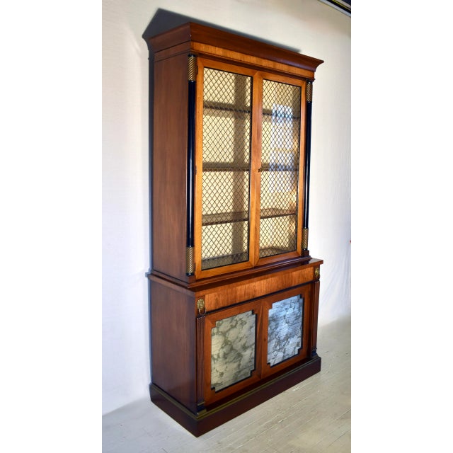 English Regency Mahogany Bookcase China Cabinet With Brass Lattice Doors For Sale - Image 9 of 12
