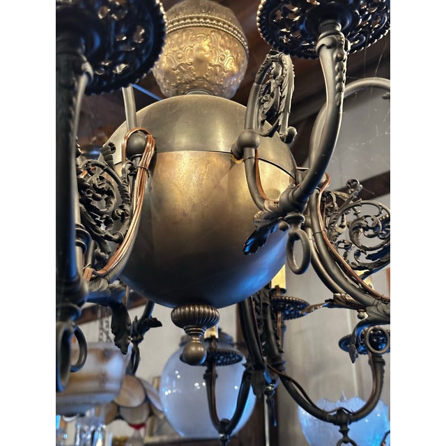 Vintage Brass 14 Arm Converted Gas Fixture For Sale - Image 4 of 7
