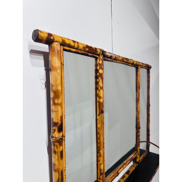 Wood Antique English Aesthetic Era Scorched Bamboo Hall Tree Mirror & Table Set For Sale - Image 7 of 10