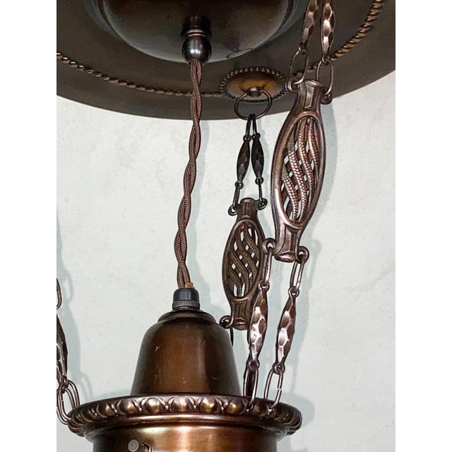 Art Nouveau Brass Chandelier with Iridescent Martelé Glass from Loetz, 1910s For Sale - Image 4 of 10