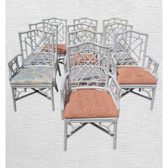 Vintage White Chinese Chippendale Lexington Rattan Palm Beach Regency Dining Room Chairs- Set 10 For Sale - Image 14 of 17