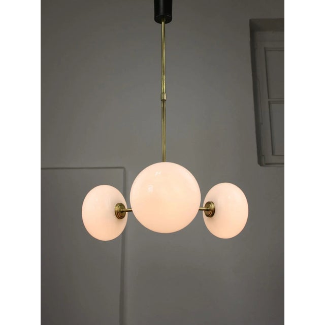 Mid-Century Brass Opaline Glass Chandelier For Sale - Image 15 of 18