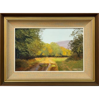 Sunlit Country Path, Lush Greenery, Autumn Tones, Serene Countryside Landscape 1991 For Sale