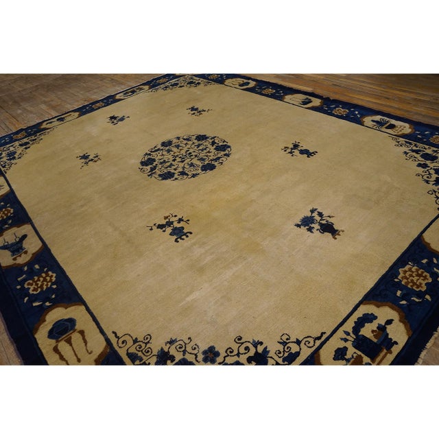 Beige 1920s Antique Allover Floral Deco Chinese Peking Handknotted Wool Room Size Rug For Sale - Image 8 of 10