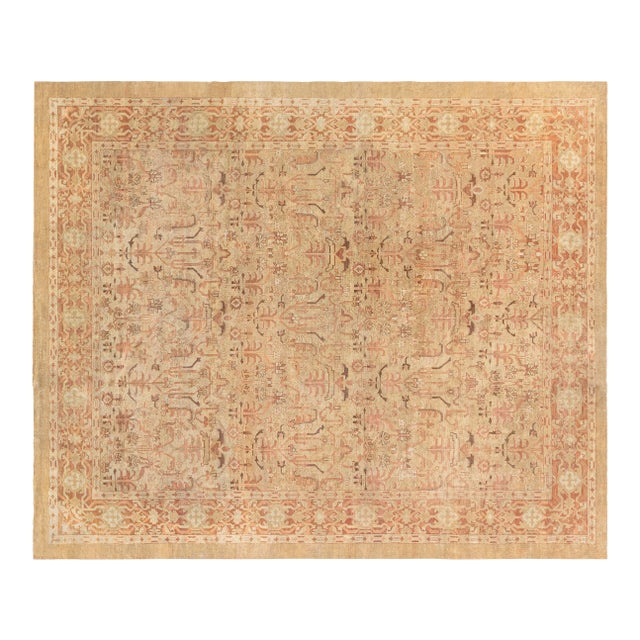 Fine Antique Indian Amritsar Orange, Brown Hand Knotted Wool Rug For Sale