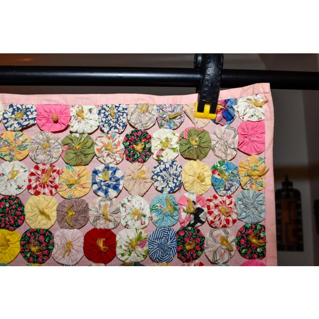 Textile Antique 1930s Yo Yo Quilt Coverlet | Depression Era Feed Sack Fabrics | 49x72 | Cottagecore Folk Art Textile For Sale - Image 7 of 13