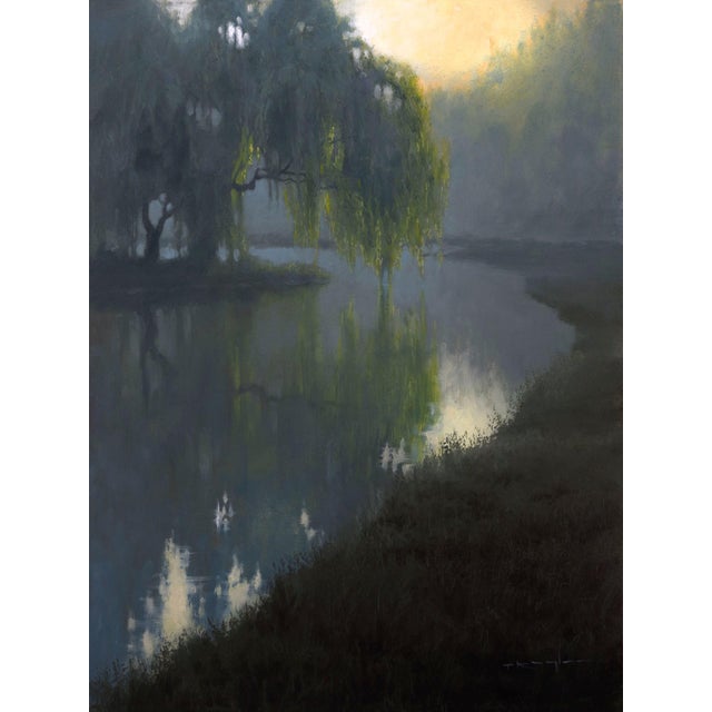 In The Silence, James 1:17 by Thomas Kegler | Oil on board Landscape with a river and trees at dawn For Sale