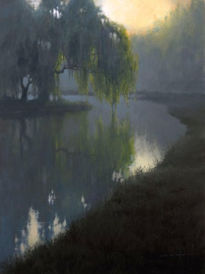 In The Silence, James 1:17 by Thomas Kegler | Oil on board Landscape with a river and trees at dawn