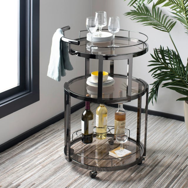 3 Tier Round Bar Cart And Wine Rack in Gun Metal & Tinted Glass For Sale In New York - Image 6 of 7