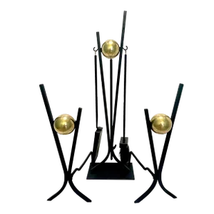 1950s Donald Deskey Fireplace Tools & Accessories - Vintage Brass and Iron Andirons and Fireplace Tool Set- 6 Pieces