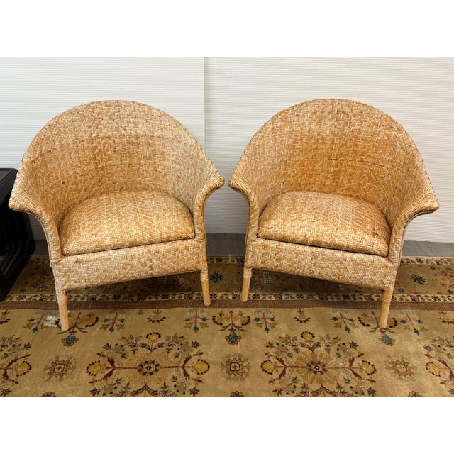 Mid-Century Modern Mid 20th Century Woven Rattan Tub Chairs, Pair For Sale - Image 3 of 12