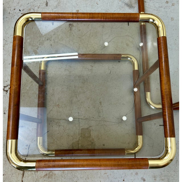 Mid-Century Modern 1970s Postmodern Wood & Polished Brass Console & End Table Set - 2 Pieces For Sale - Image 3 of 5