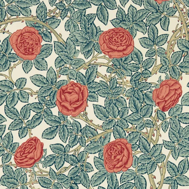 Morris & Co Rambling Rose Wallpaper in Emery Blue/Spring Thicket - a Sample For Sale