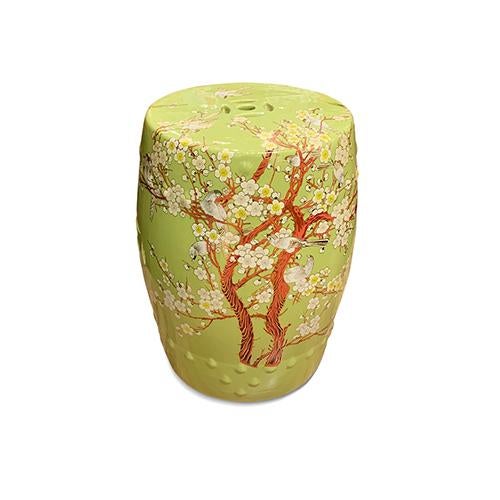 Green ceramic garden stool from Asian intricately detailed with floral blossom and birds with a glossy finish. Great for...