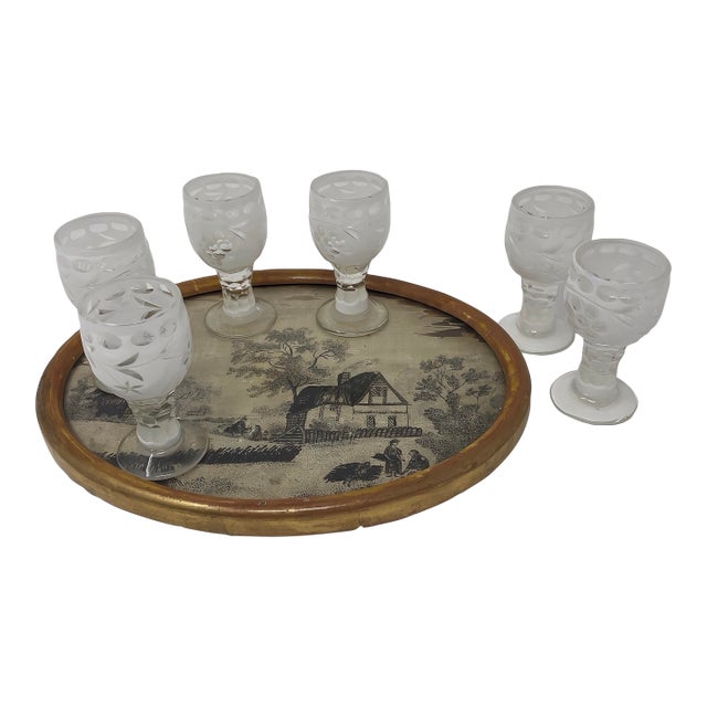 Late 19th Century Rare Bijou-Scale Uniform Set of 6 Matching 19th Century Cut-to-Clear Cordials on Base Tray For Sale