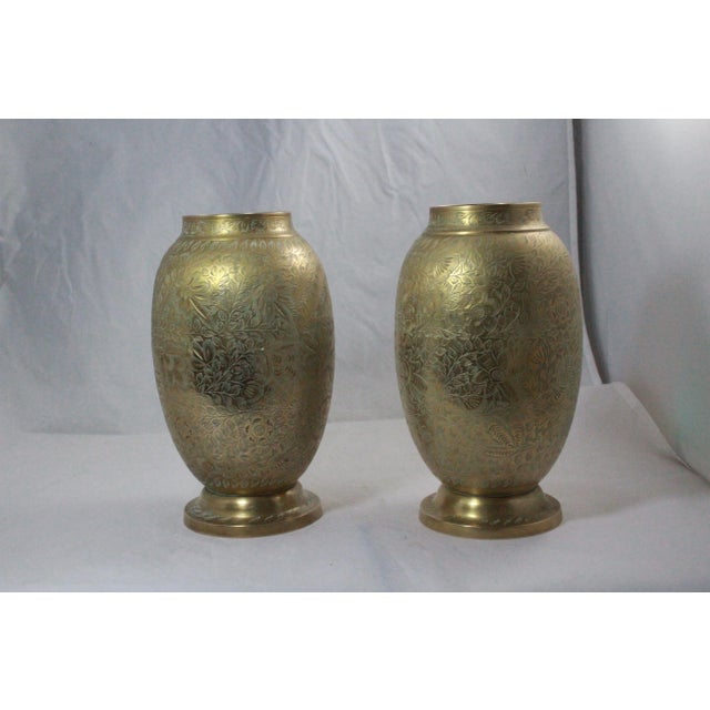 Pair of Antique Chinese Etched Solid Brass Vases For Sale - Image 4 of 7