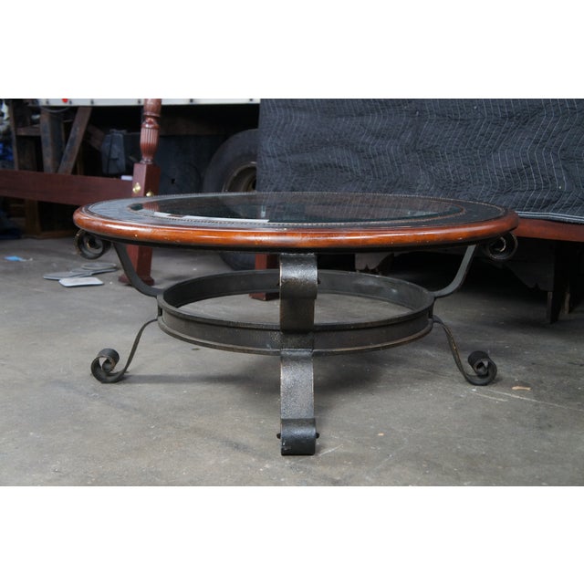 Maitland - Smith Maitland Smith Mahogany & Iron Modern Round Glass Top Coffee Cocktail Table For Sale - Image 4 of 12
