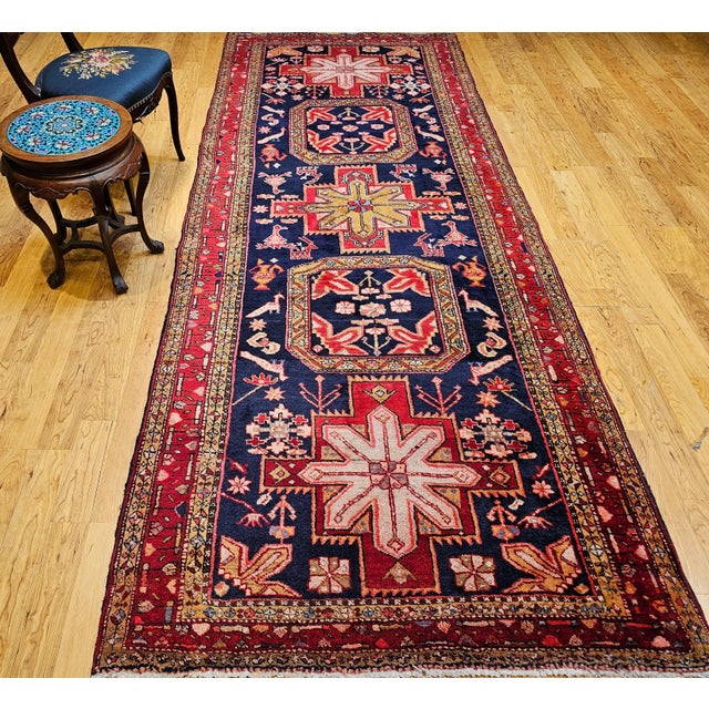 Vintage Persian Hamadan Gallery Rug, Hand-Knotted Wool, Geometric Bird Motifs Design, Navy & Red, 5’ X 11’ For Sale - Image 9 of 14
