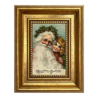 Santa With Little Girl Victorian Print on Canvas in Antiqued Gold Frame For Sale