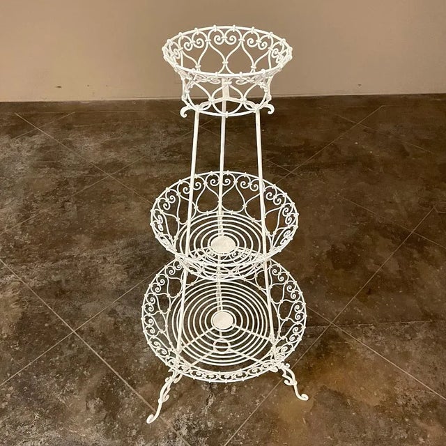 French Provincial Antique Country French Wrought Iron Triple-Tier Plant Stand ~ Jardiniere For Sale - Image 3 of 13