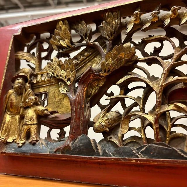 Antique Chinese Gilt Temple Panel With Red Lacquer Frame For Sale - Image 10 of 16