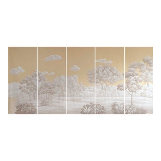 36" * H108" *5ps, Hand-Painted Retro Warm Gold Wilderness Landscape Wall Mural, Vintage Chinoiserie Monochrome Golden Tone Landscape Wall Cloth For Sale
