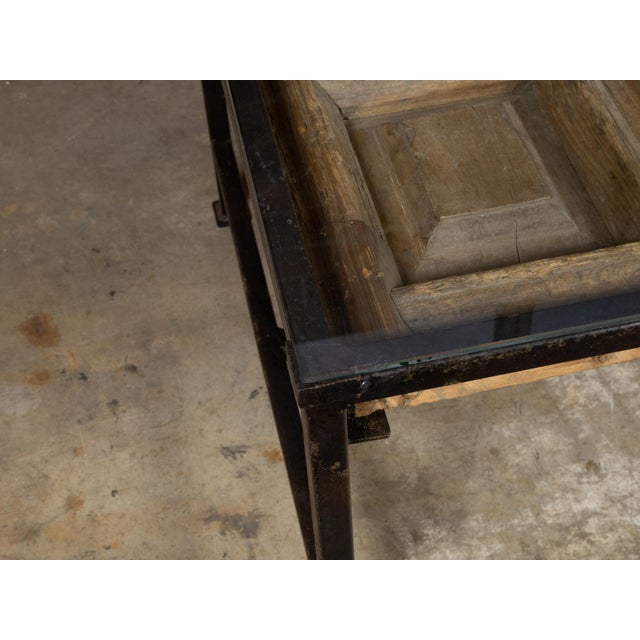 Contemporary Coffee Table Made with Antique Door Fragment on Custom Iron Base For Sale - Image 4 of 12