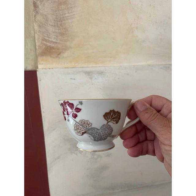 Burgundy Vintage Noritake Geranium Burgundy and Gray Teacups and Saucers - Set of Nine (9) For Sale - Image 8 of 9