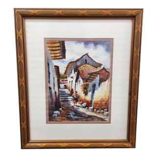 Original Andean Village Watercolor – Framed Latin American Street Scene – Signed Wuayta For Sale