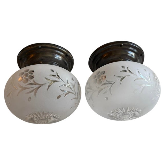 Glass Circa 1920’s Rare Pair of Wheelcut Flowers and Vines Glass Ceiling Lights For Sale - Image 7 of 9