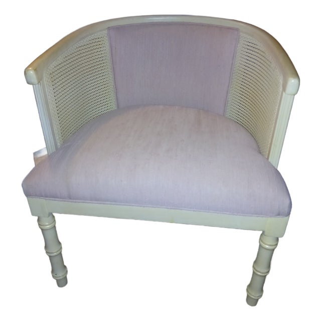 Mid 20th Century Cane Back Barrel Chair Whitewash Wood Pink Slub Linen Upholstery For Sale