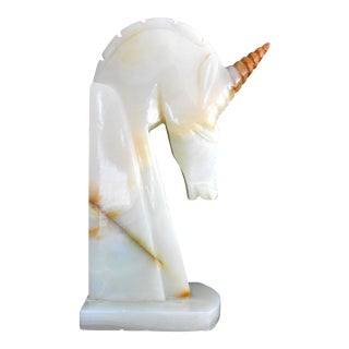 Vintage Vintage Italian Carved Alabaster Marble Unicorn Bust / Bookend For Sale
