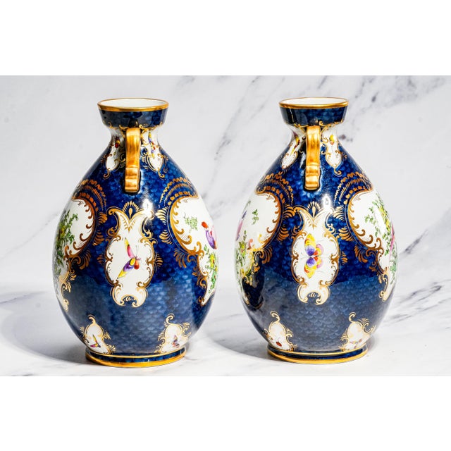 Ceramic Stunning Pair Blue Gold English Royal Worcester Porcelain Antique Victorian Bird Nature Decorative Vases Home Decor For Sale - Image 7 of 18