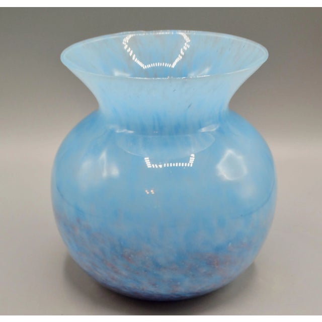Large Italian Modern hand blown Murano Vetro Eseguito vase in lovely shades of blue dappled with pink hues. This mouth...
