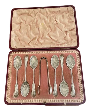 Antique Victorian Silver Spoons and Sugar Tongs, 1899, Set of 7