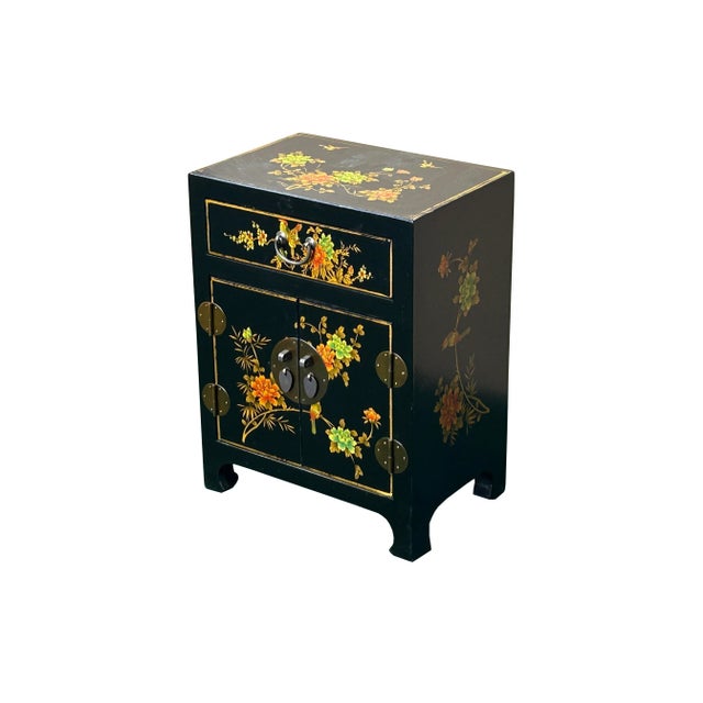 Chinese Chinese Black Vinyl Moon Face Flower Birds End Table Nightstand For Sale - Image 3 of 10
