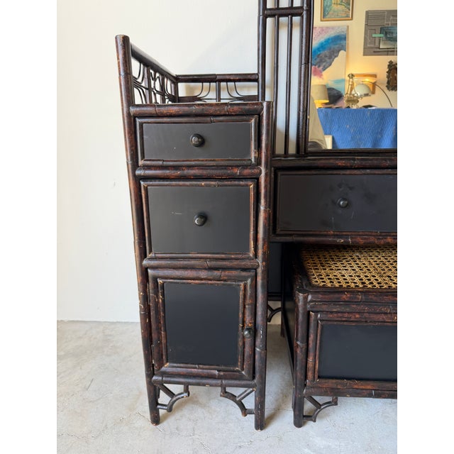 Vintage Chinoiserie Black Lacquered Bamboo Vanity Dressing Table With Mirror, Side Cabinets & Wicker Bench For Sale - Image 12 of 17