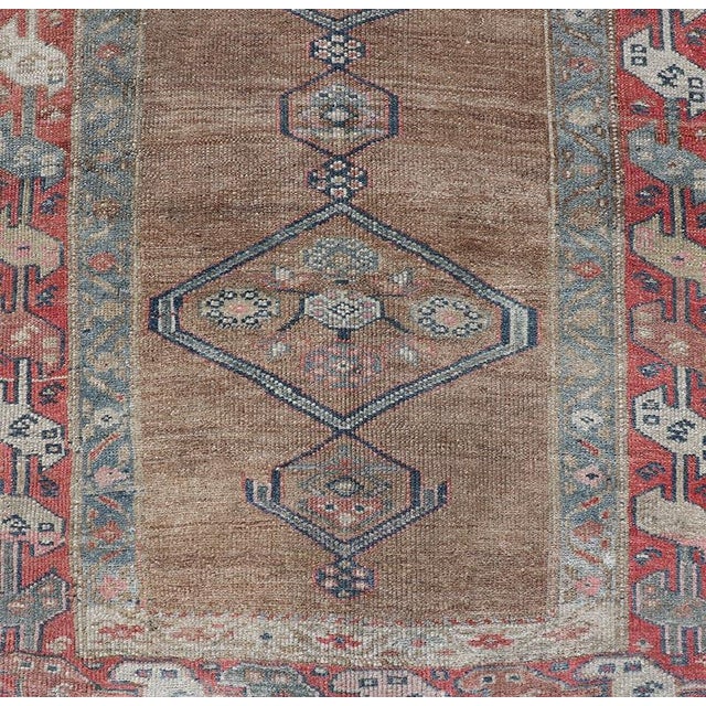 Tribal Antique Sarab Runner With Sub-Geometric Medallion Design in Red, Blue & Brown For Sale - Image 3 of 12