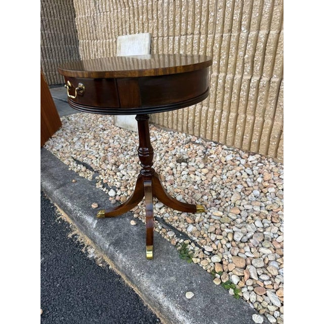 Vintage Federal Style Inlaid Mahogany Pedestal Drum Side Table by Tradition Hoiuse For Sale - Image 9 of 15