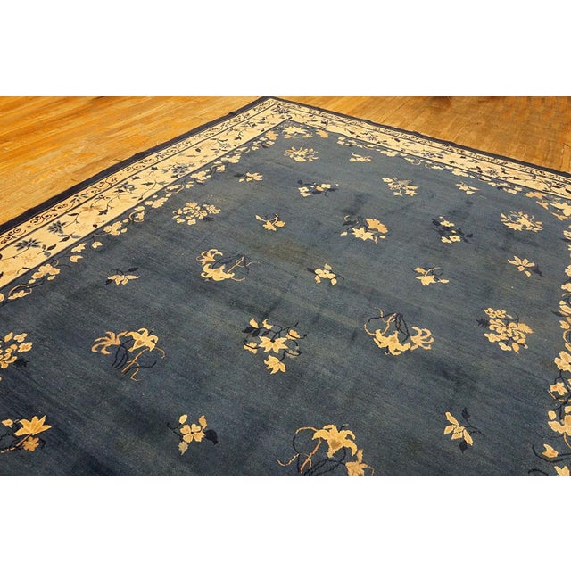 1900s Blue Traditional Floral Deco Antique Peking Chinese Knotted Wool Rug For Sale - Image 9 of 10
