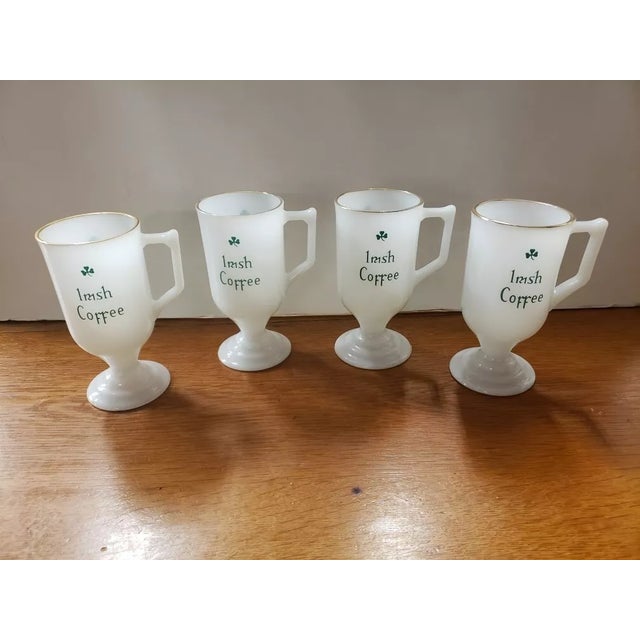 English Set of 4 Vintage Milk Glass Gold Rim Irish Pedestal Shamrock Coffee Mugs For Sale - Image 3 of 5