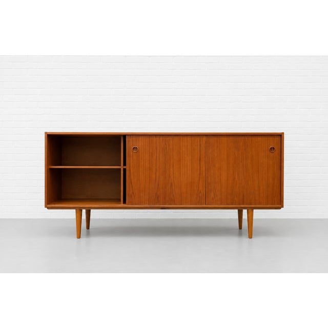 Long Mid Century Modern Teak Credenza | Danish Sliding Door Sideboard, C. 1960's For Sale In New York - Image 6 of 13